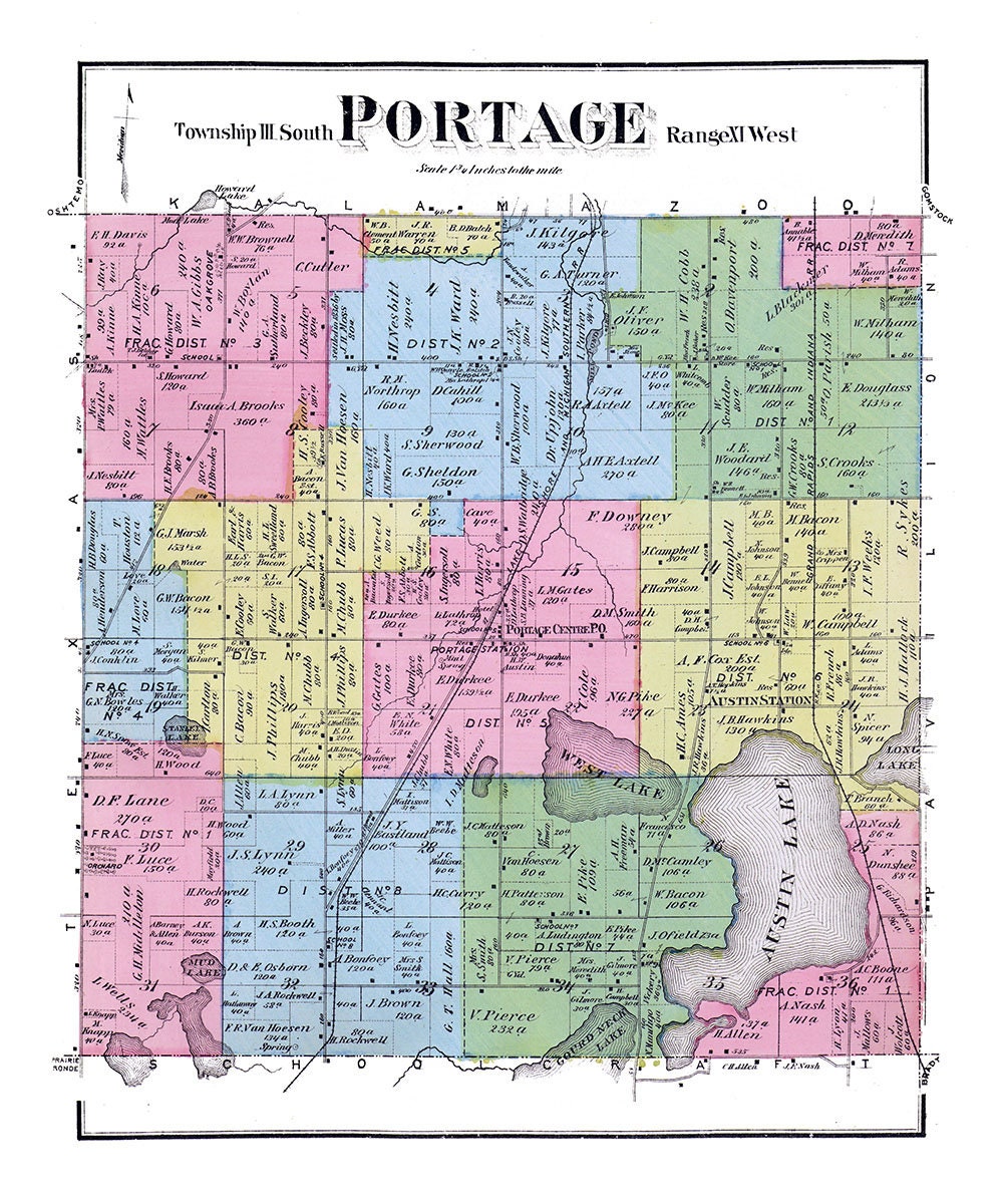 1873 Map of Portage Township Kalamazoo County Michigan