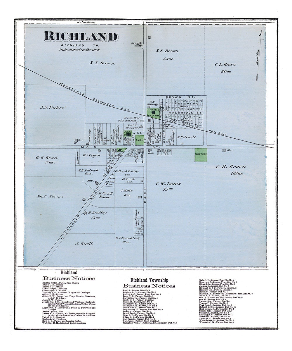 1873 Town Map of Richland Kalamazoo County Michigan