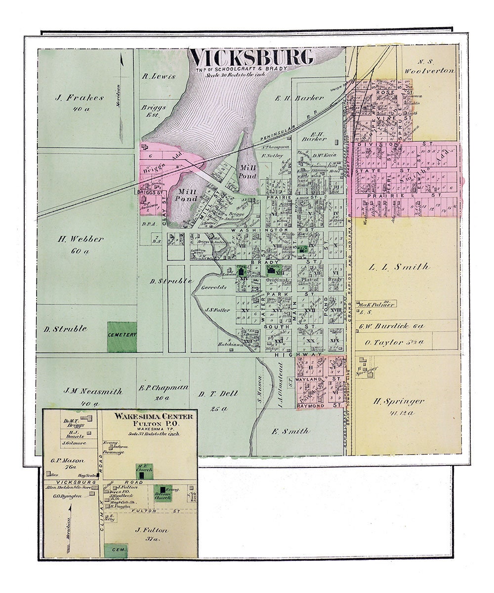 1873 Town Map of Vicksburg Kalamazoo County Michigan