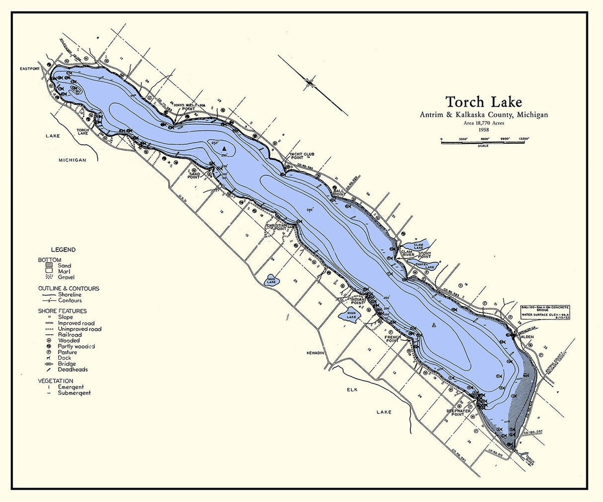 1958 Map of Torch Lake Antrim and Kalkaska County Michigan