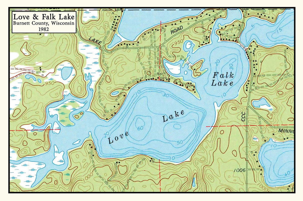 1982 Map of Love & Falk Lake Burnett County Wisconsin