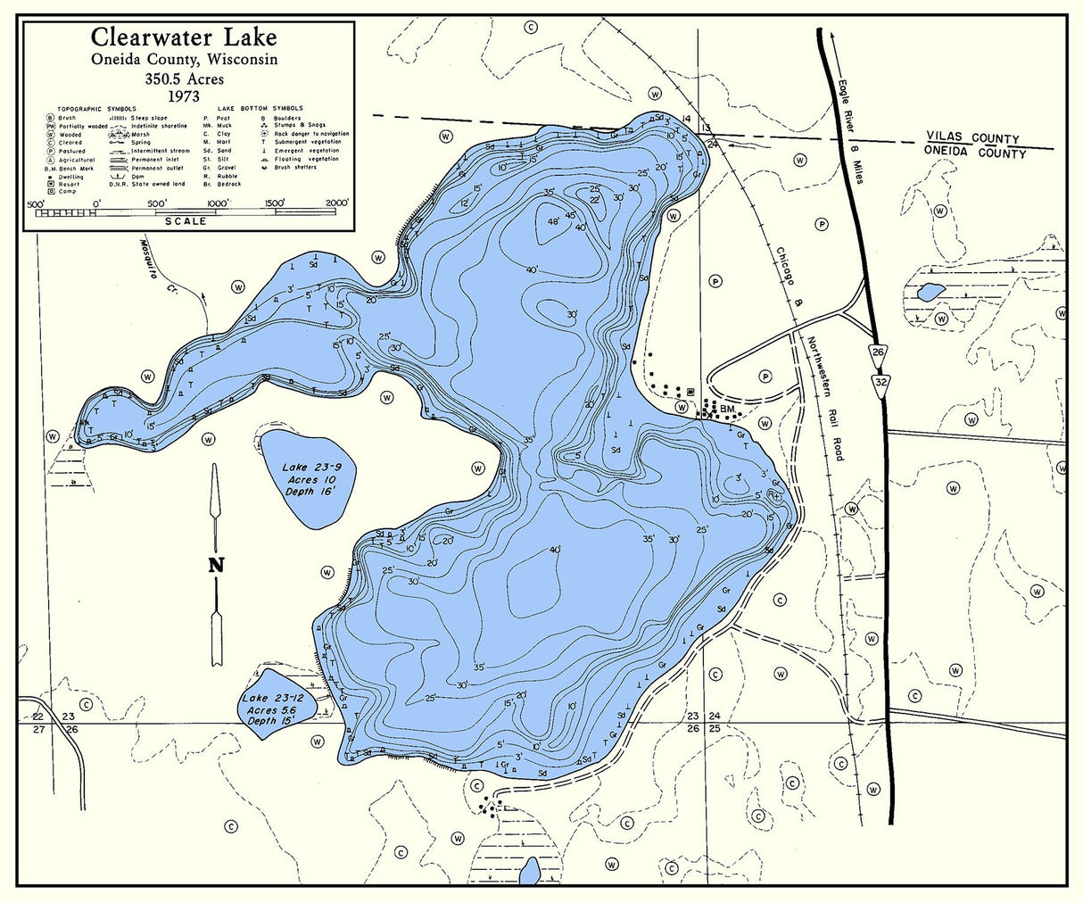 1973 Map of Clearwater Lake Oneida County Wisconsin