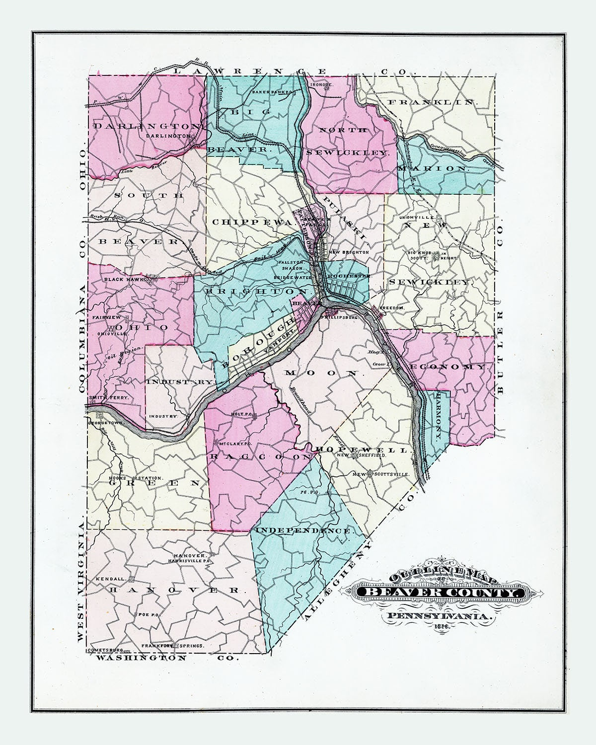 1876 Map of Beaver County Pennsylvania