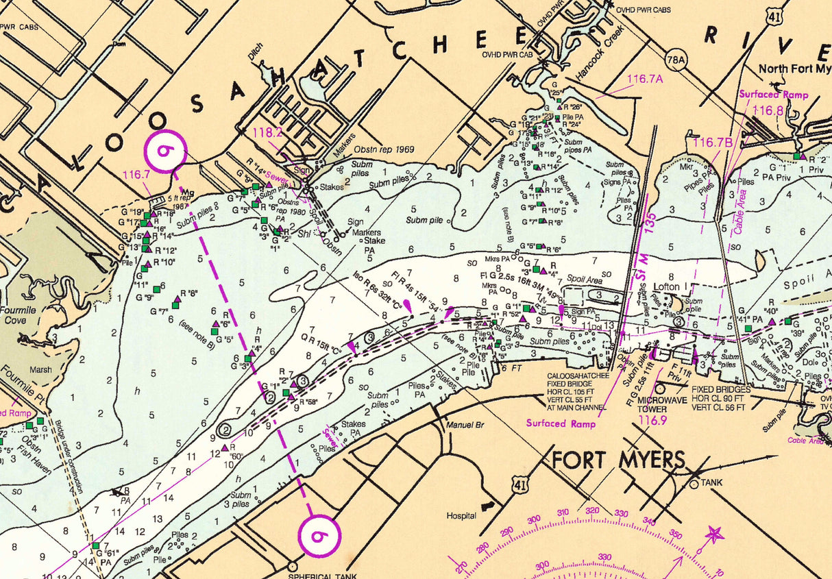 1996 Nautical Chart of Caloosahatchee River Fort Myers Florida