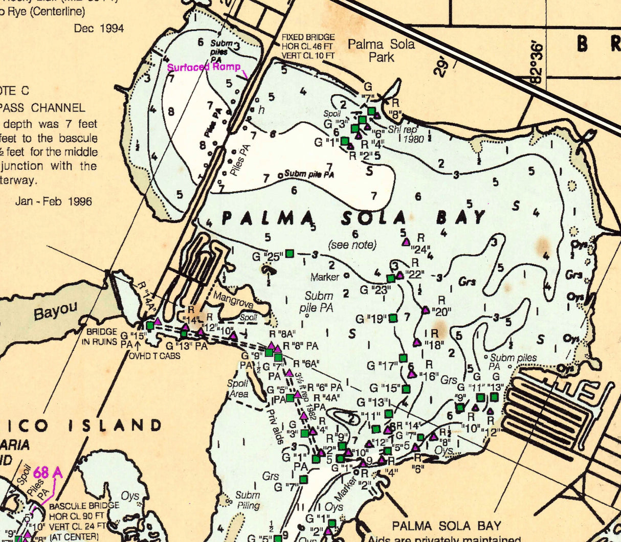 1996 Nautical Chart of Tampa Bay Florida Bradenton Anna Maria Island