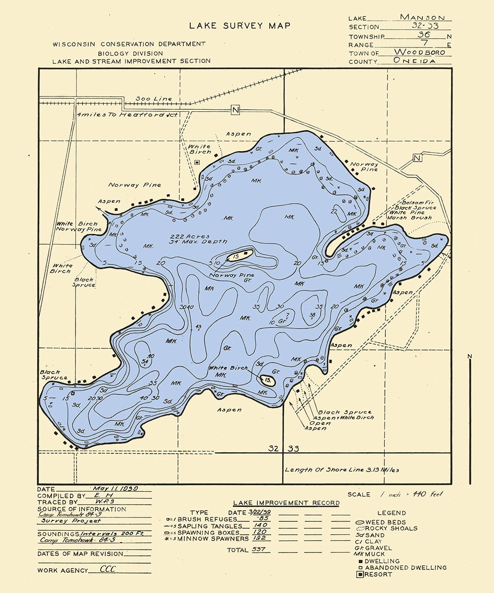 1939 Map of Manson Lake Oneida County Wisconsin