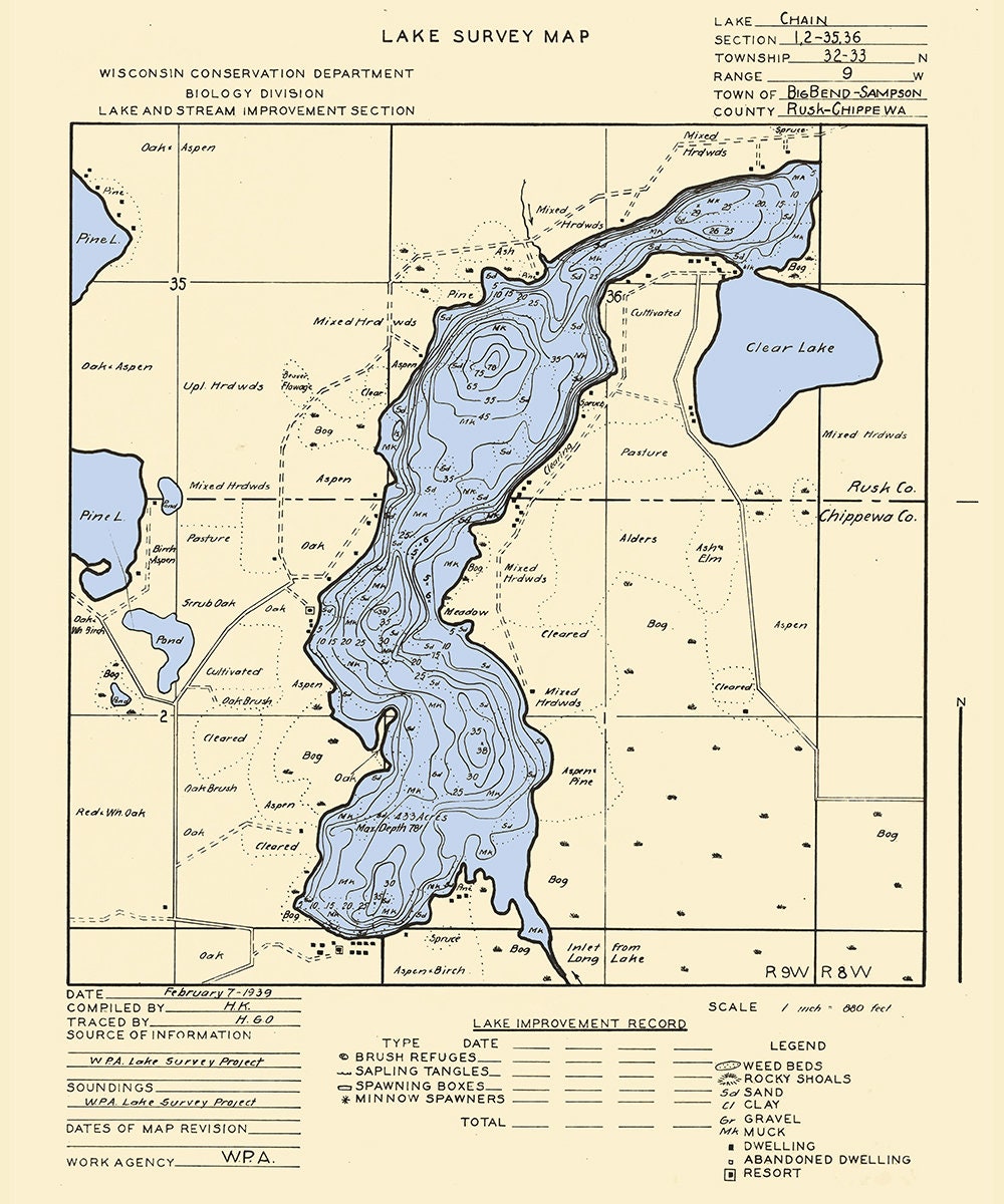 1939 Map of Chain Lake Rusk and Chippewa County Wisconsin