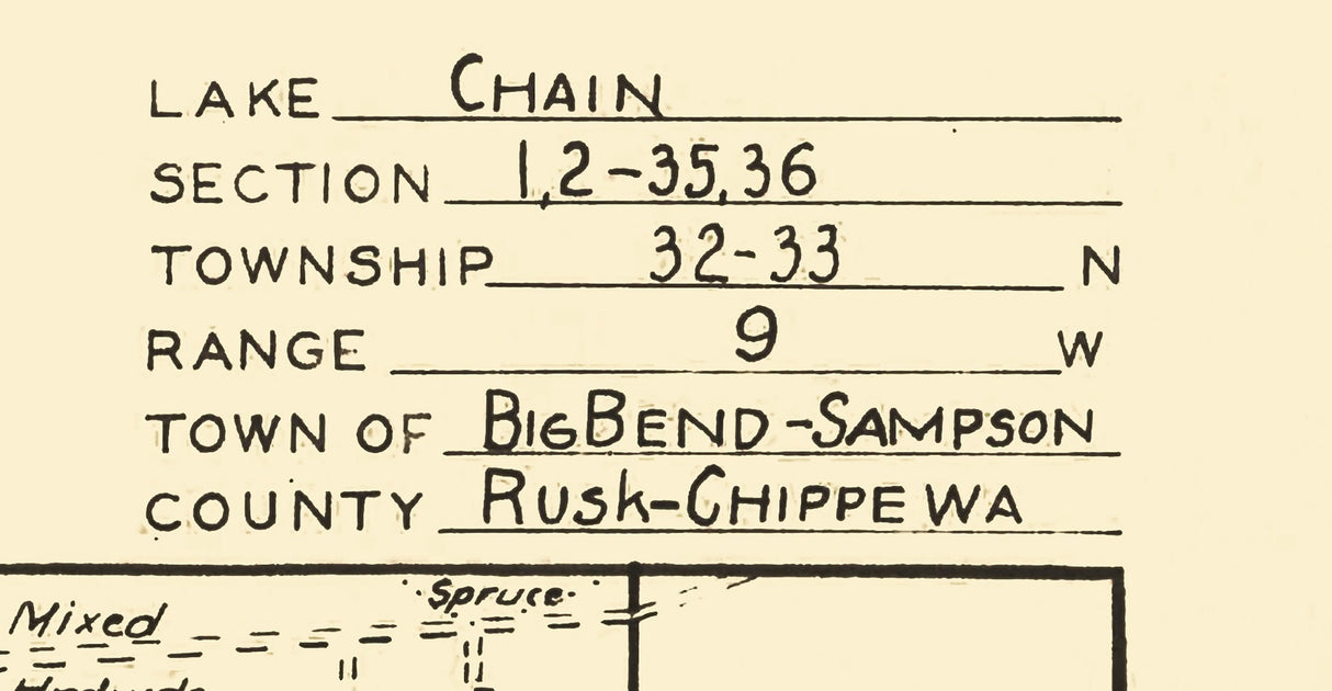 1939 Map of Chain Lake Rusk and Chippewa County Wisconsin