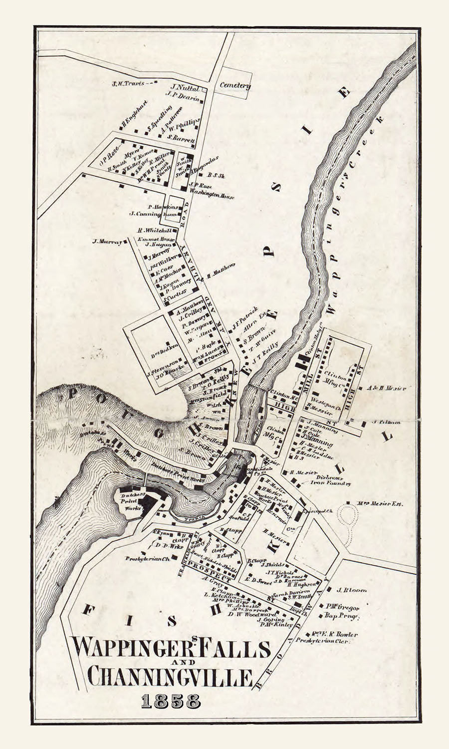 1858 Town Map of Wappinger Falls and ChanningVille New York