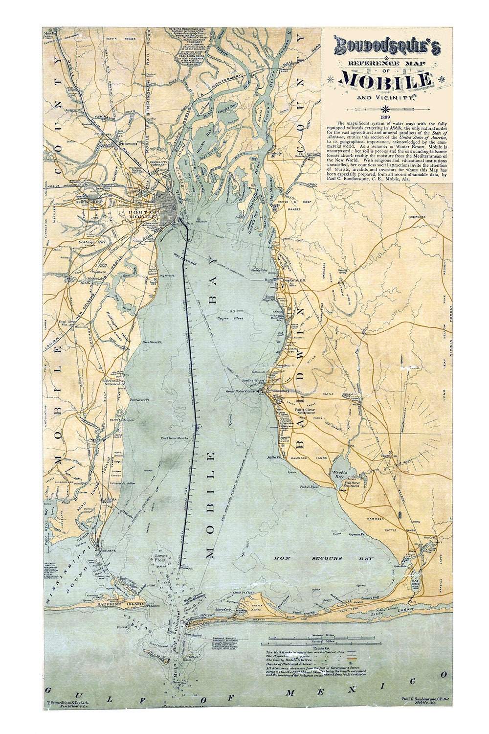 1889 Map of Mobile Bay Alabama