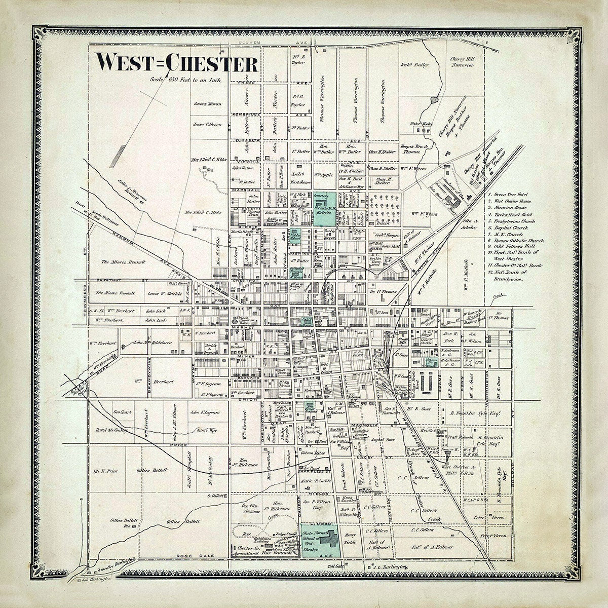 1873 Town Map of West Chester Chester County Pennsylvania