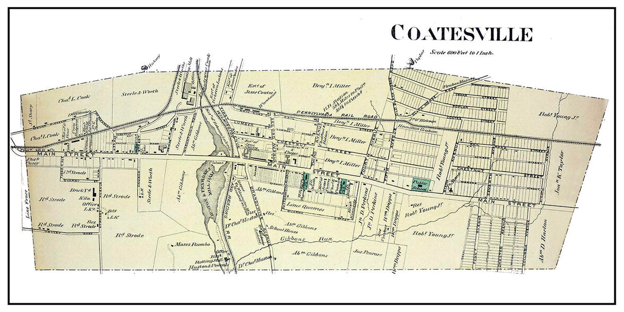 1873 Town Map of Coatesville Chester County Pennsylvania