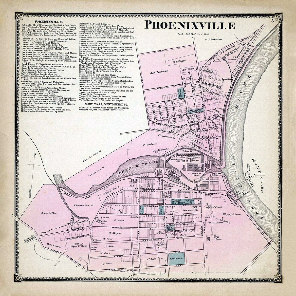 1873 Town Map of Phoenixville Chester County Pennsylvania