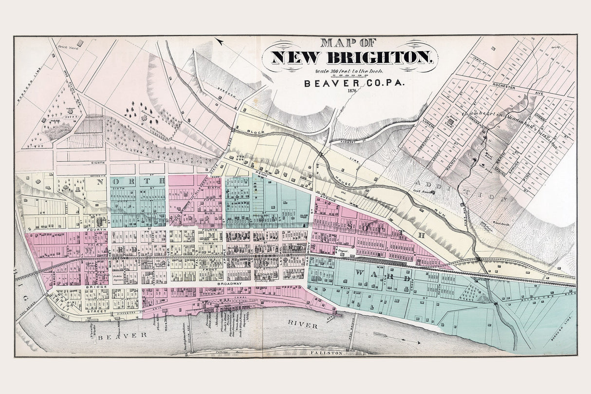 1876 Town Map of New Brighton Beaver County Pennsylvania
