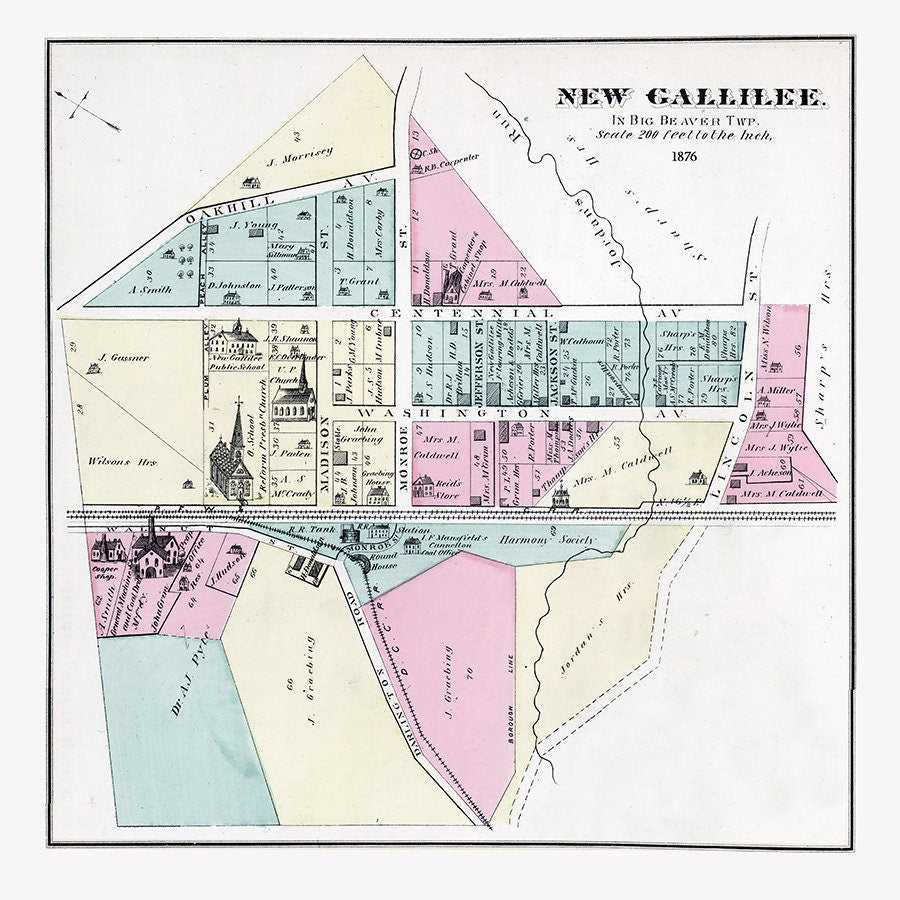 1876 Town Map of New Gallilee Beaver County Pennsylvania