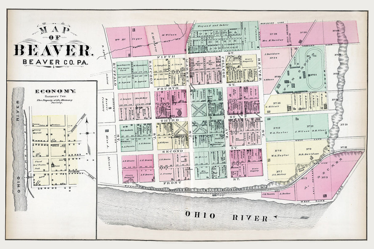 1876 Town Map of Beaver Beaver County Pennsylvania