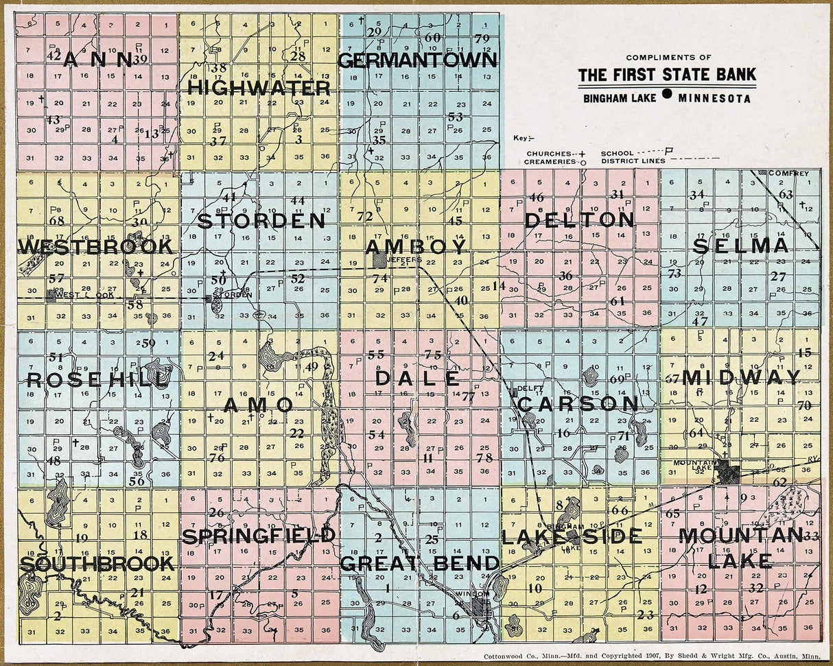 1907 Map of Cottonwood County Minnesota