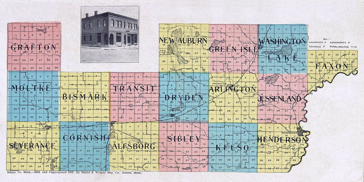 1907 Map of Sibley County Minnesota