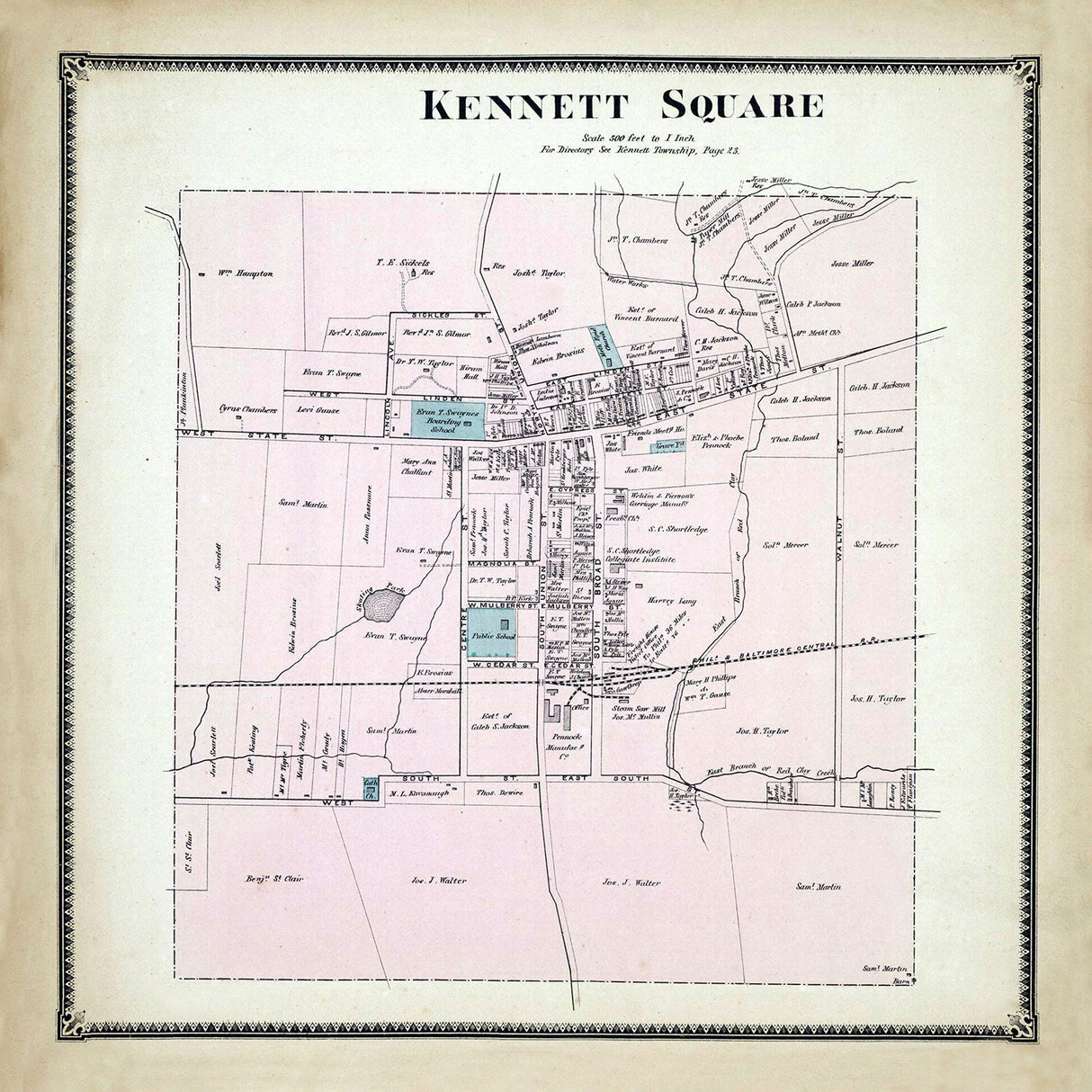1873 Town Map of Kennett Square Chester County Pennsylvania