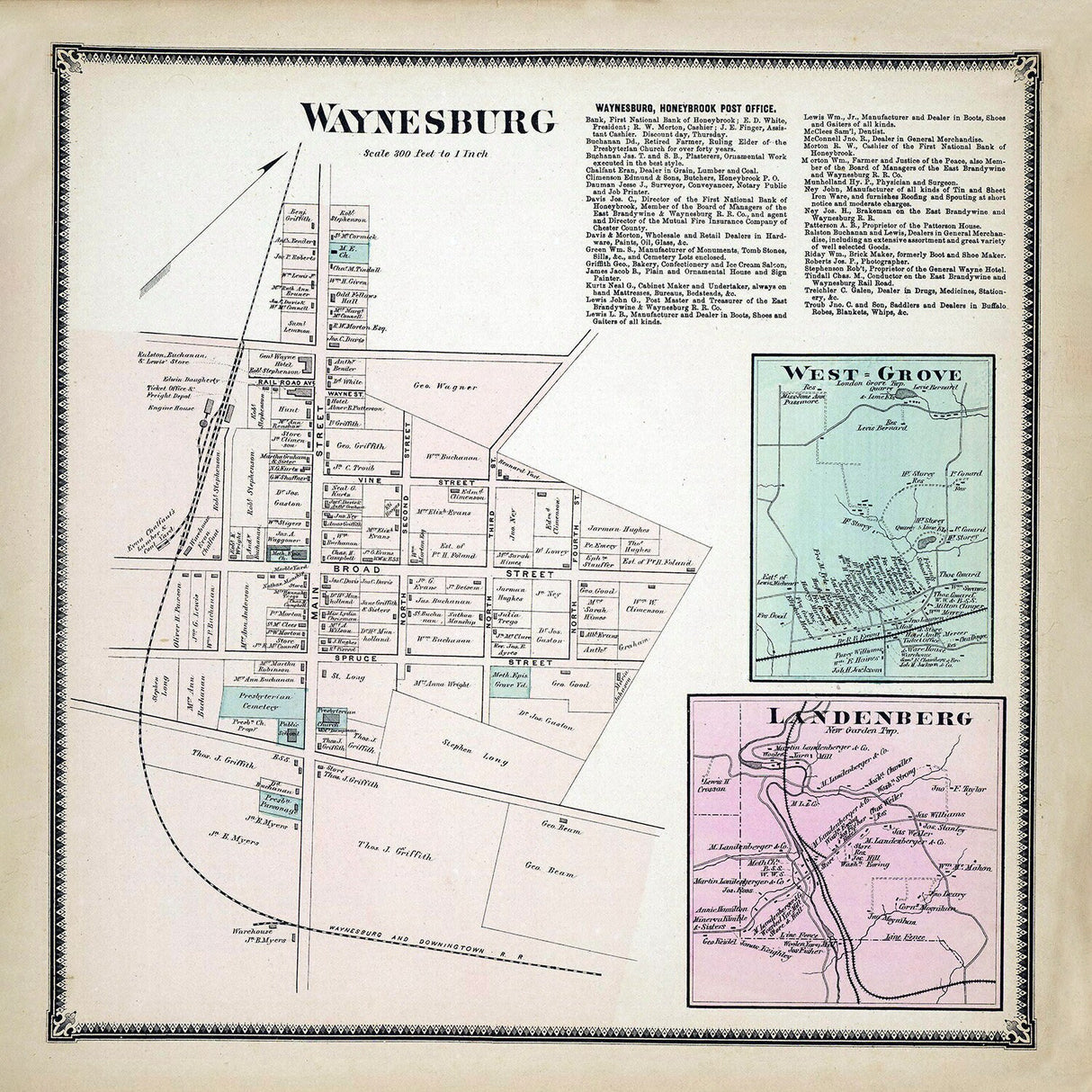 1873 Town Map of Waynesburg Chester County Pennsylvania