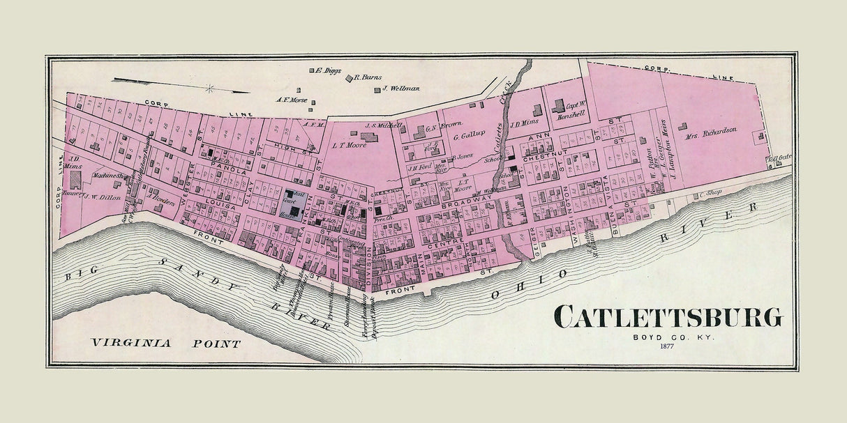 1877 Town Map of Catlettsburg Boyd County Kentucky