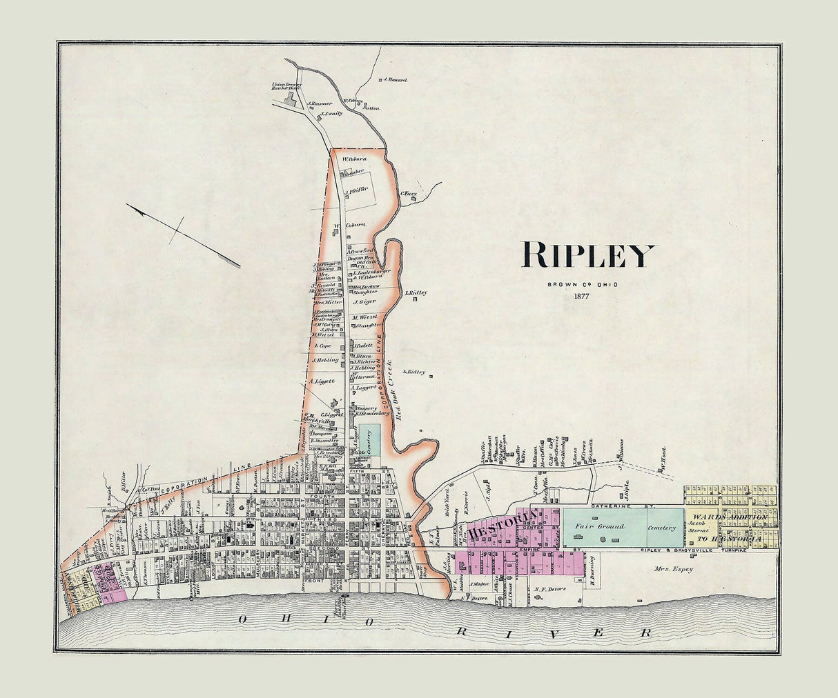 1877 Town Map of Ripley Brown County Ohio