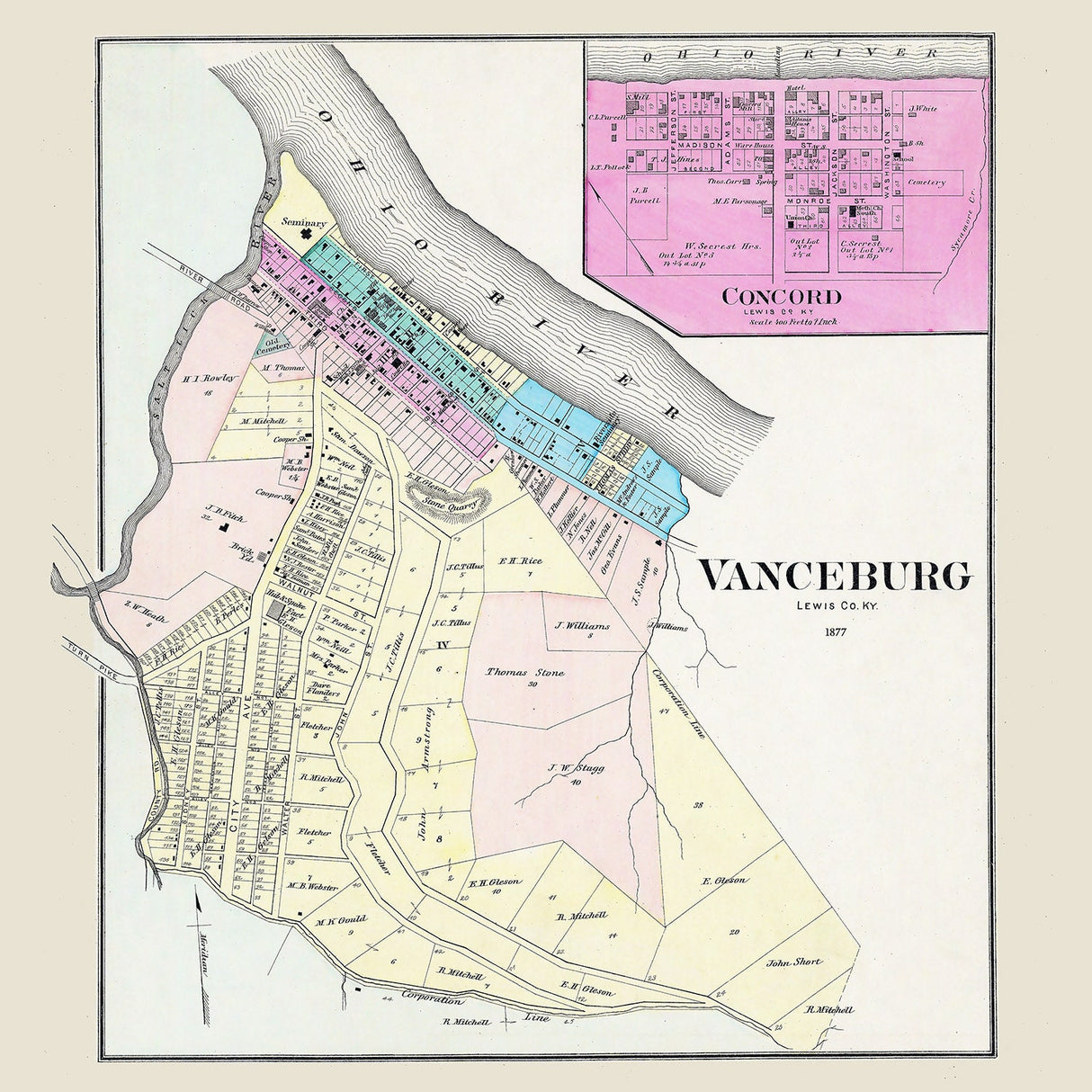 1877 Town Map of Vanceburg Lewis County Kentucky