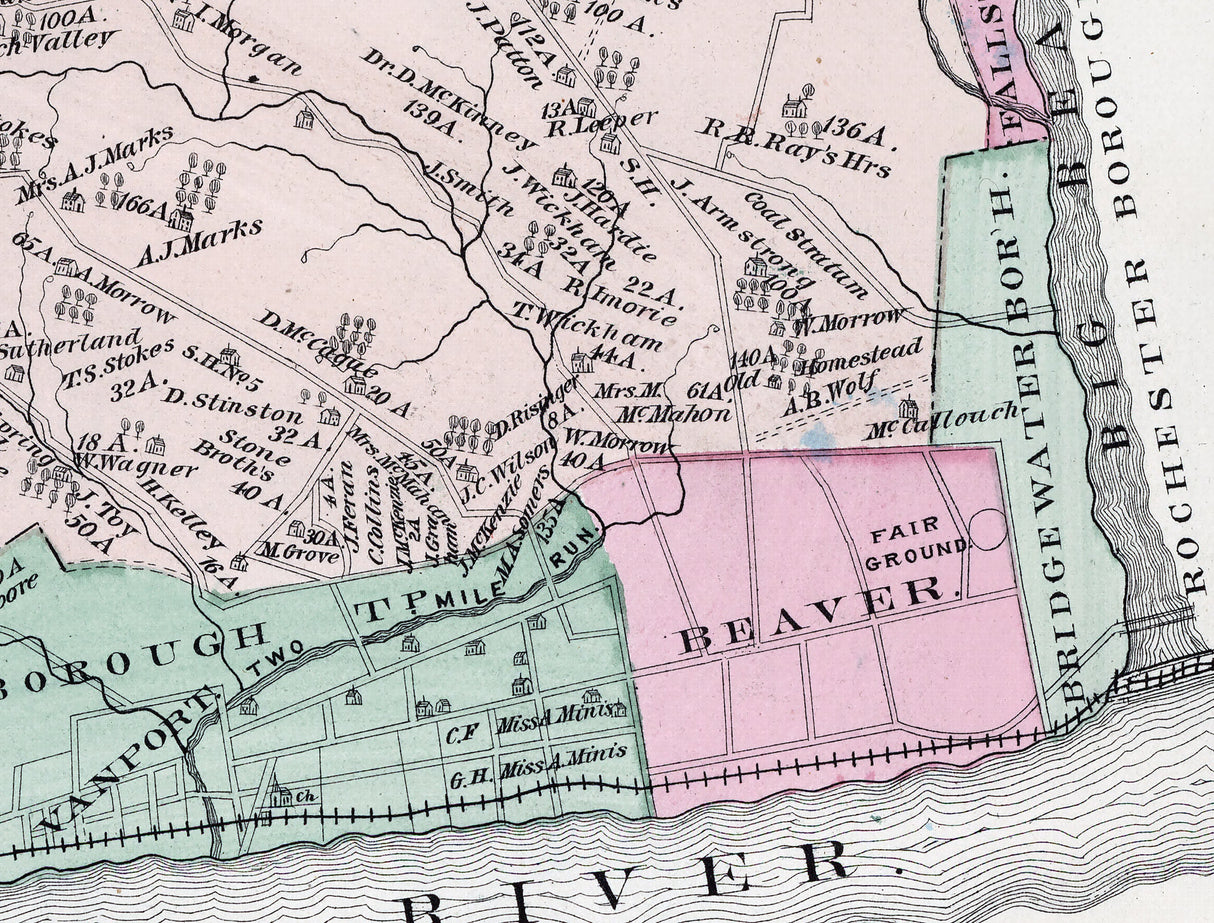 1876 Map of Brighton Township Beaver County Pennsylvania