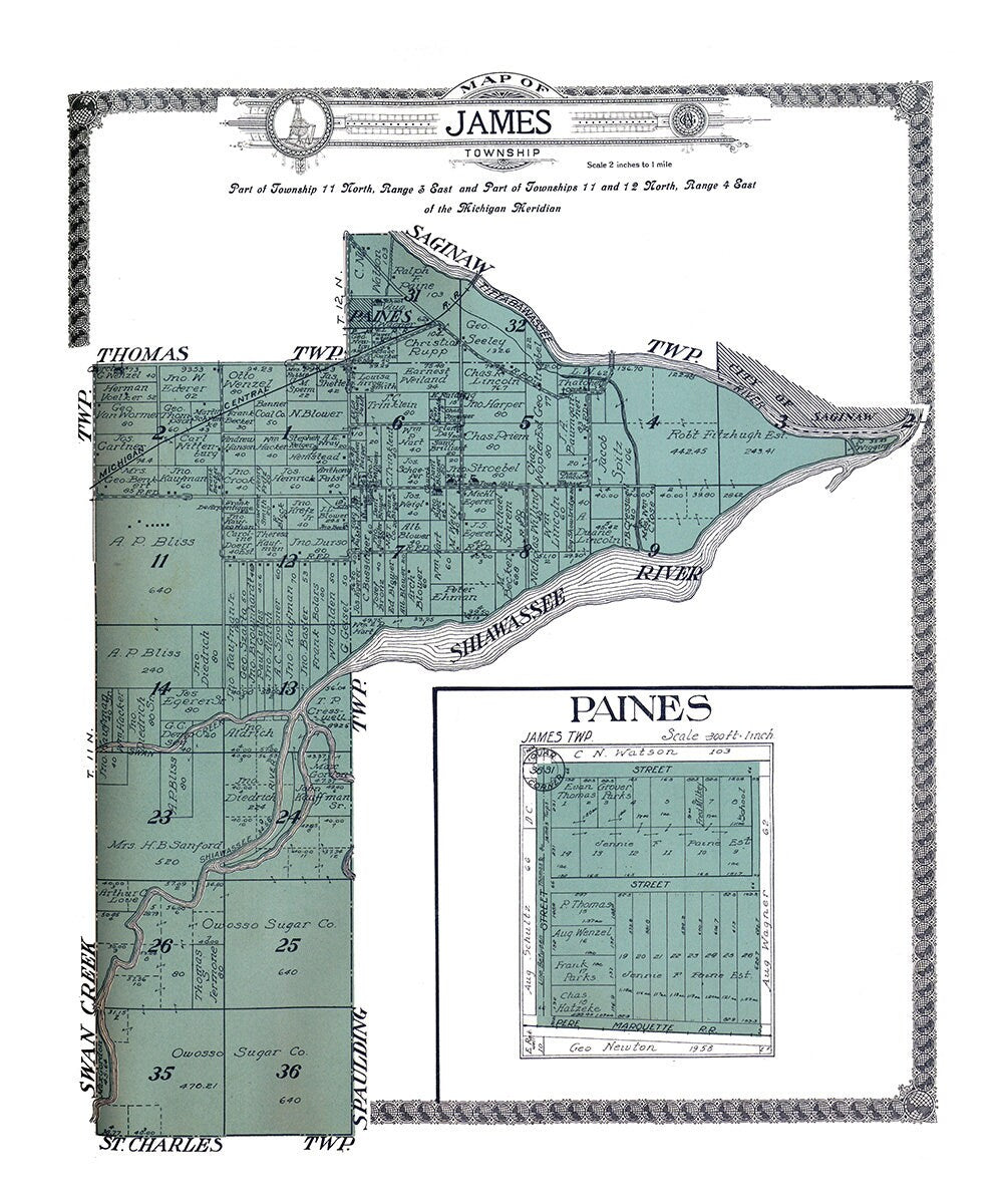 1916 Map of James Township Saginaw County Michigan