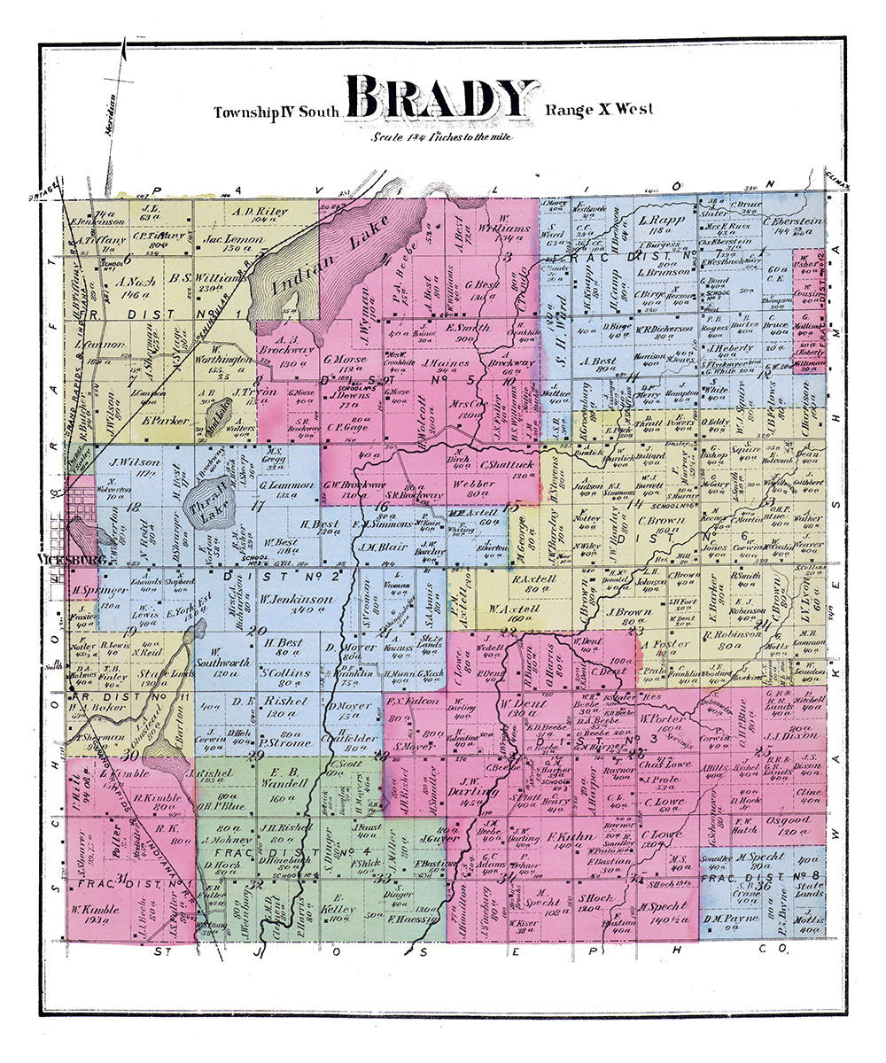 1873 Map of Brady Township Kalamazoo County Michigan