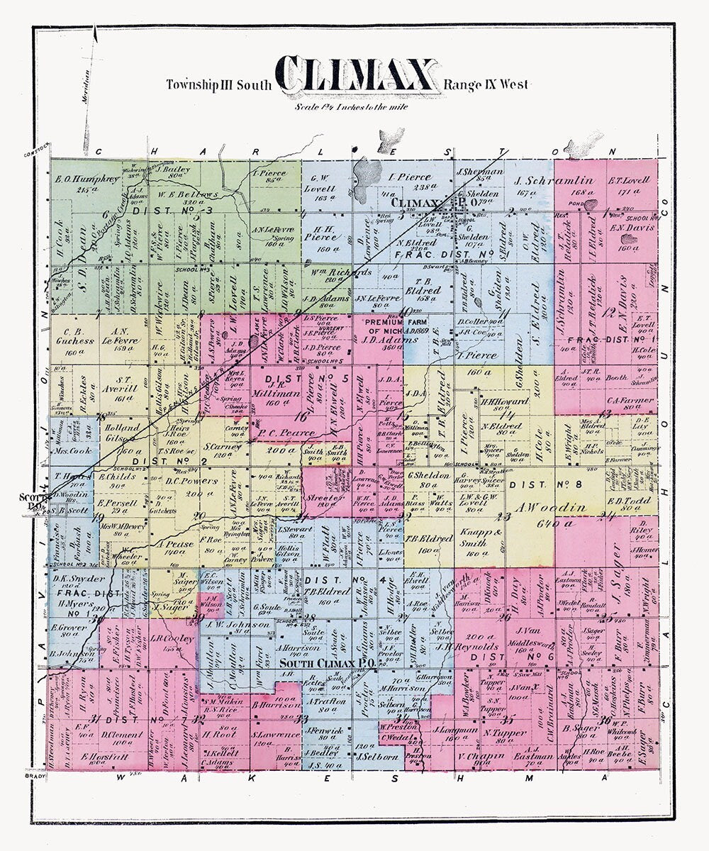 1873 Map of Climax Township Kalamazoo County Michigan
