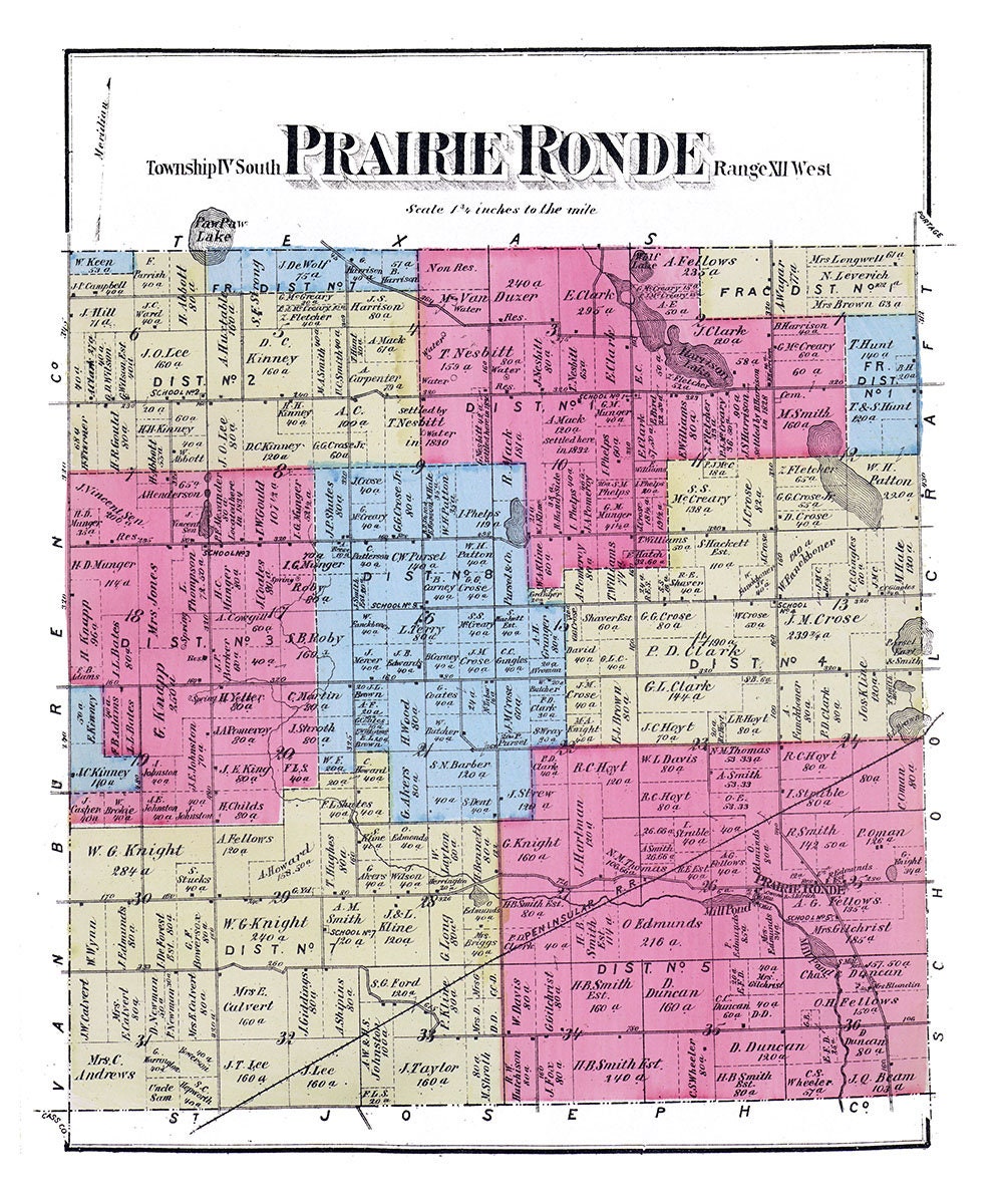1873 Map of Prairie Ronde Township Kalamazoo County Michigan