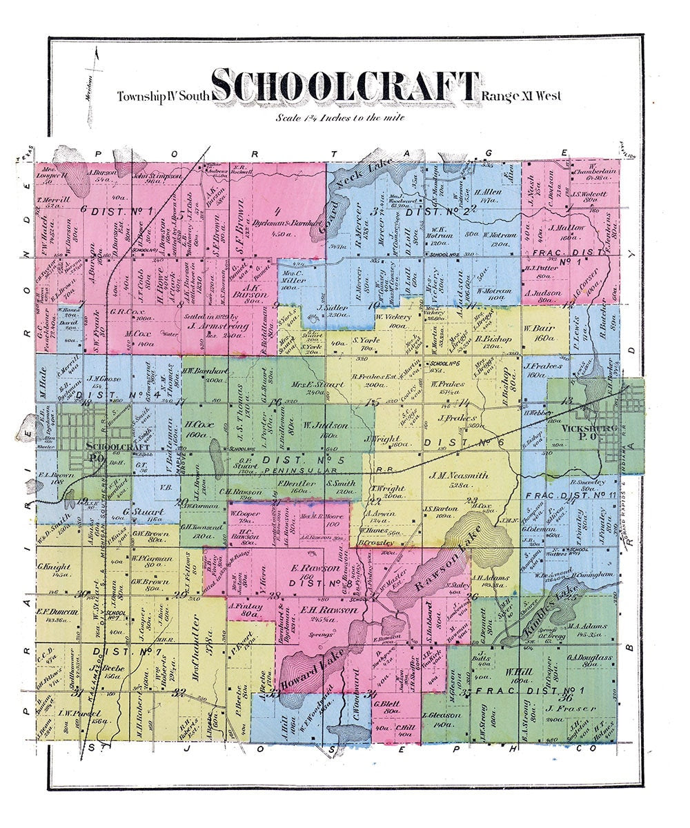 1873 Map of Schoolcraft Township Kalamazoo County Michigan