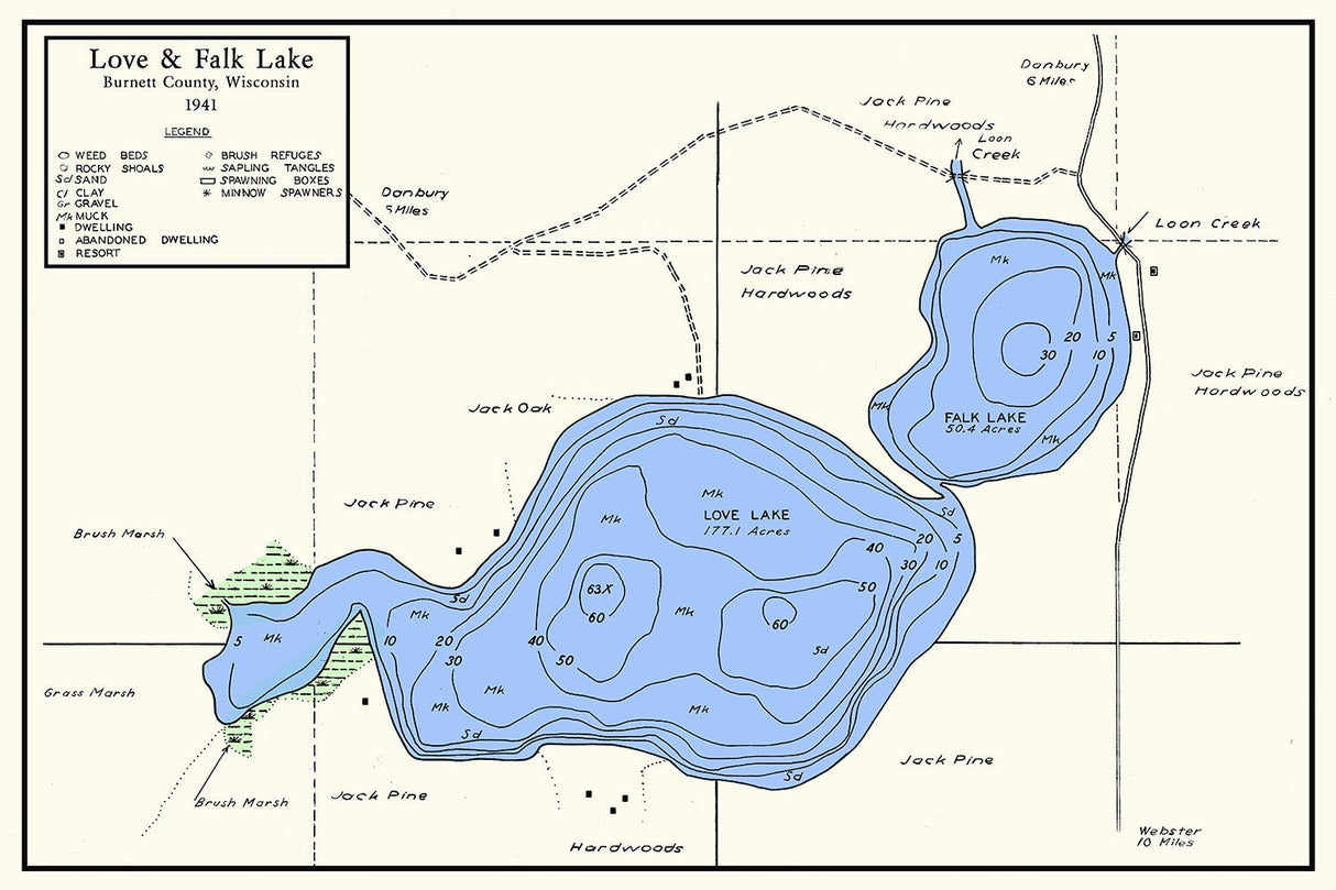 1941 Map of Love and Falk Lake Burnett County Wisconsin