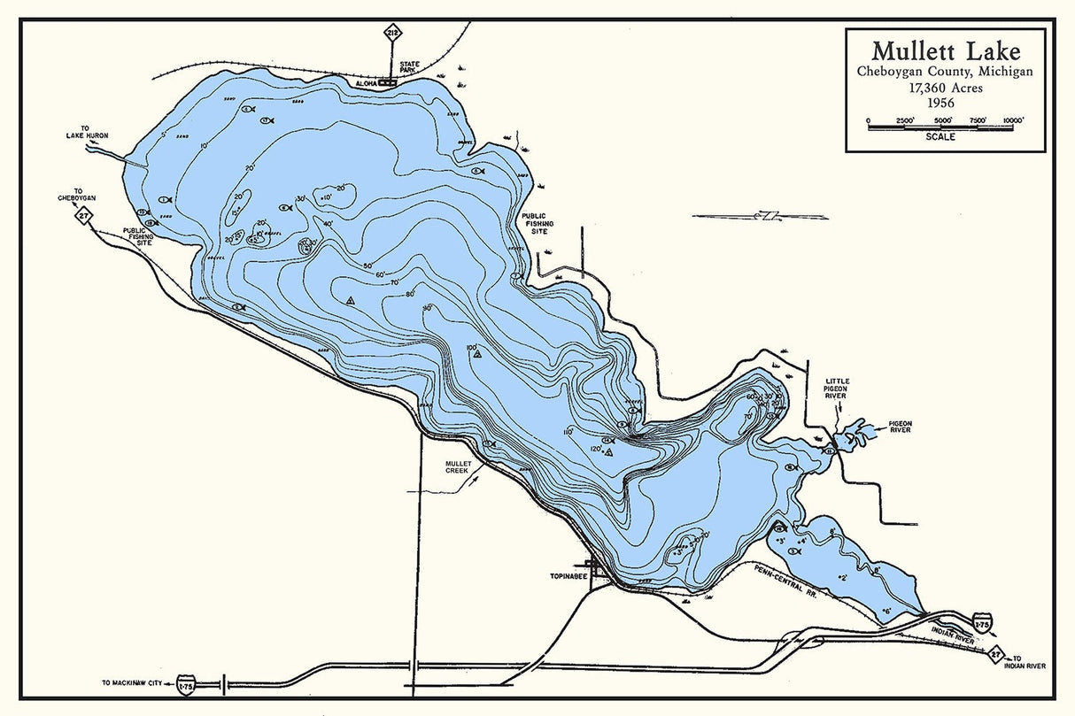 1956 Map of Mullett Lake Cheboygan County Michigan