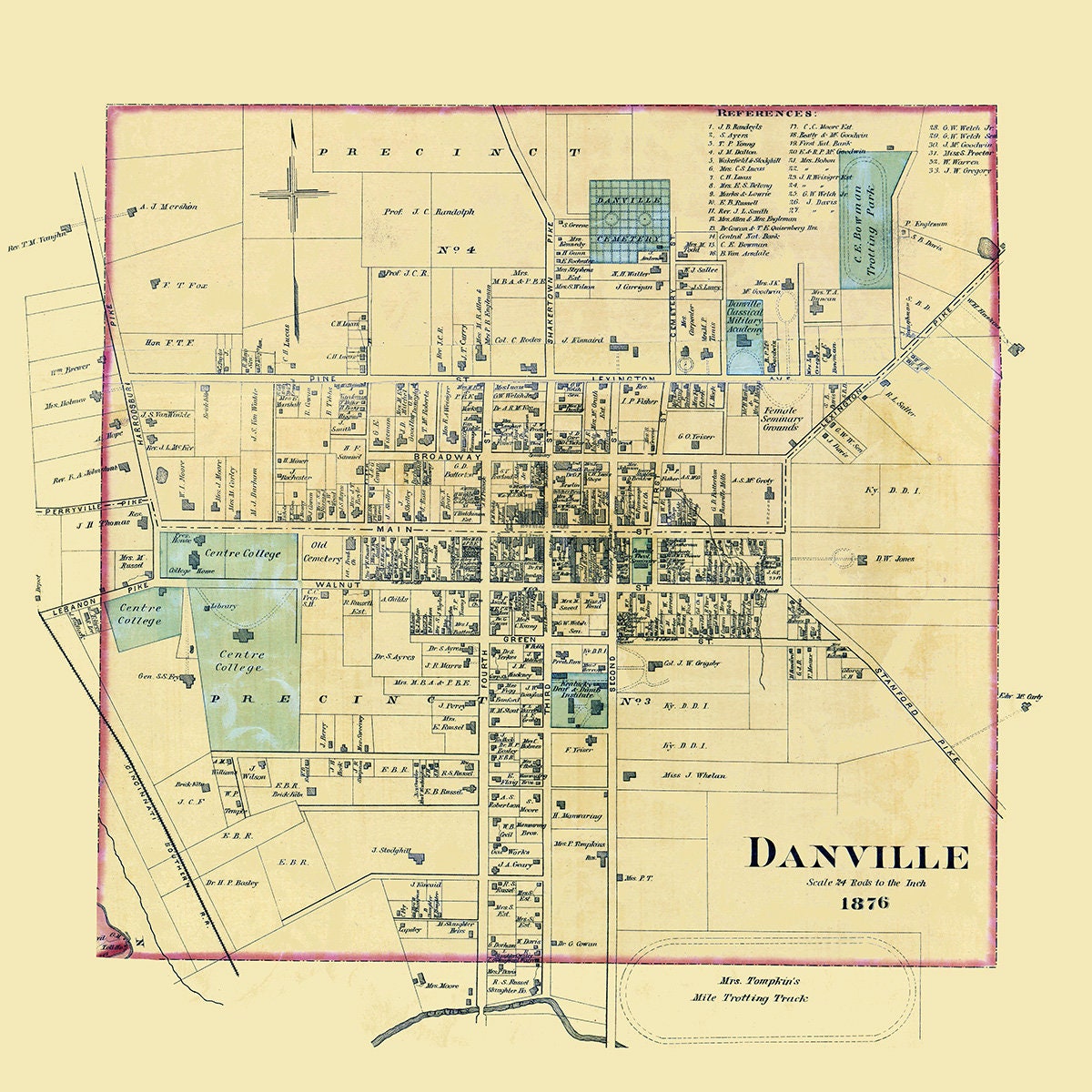 1876 Map of Danville Boyle County Kentucky