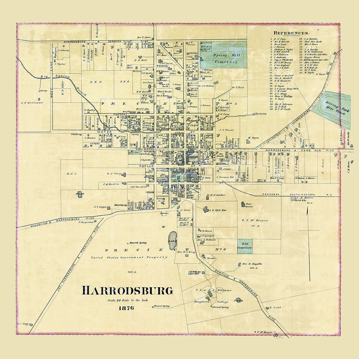 1876 Map of Harrodsburg Mercer County Kentucky