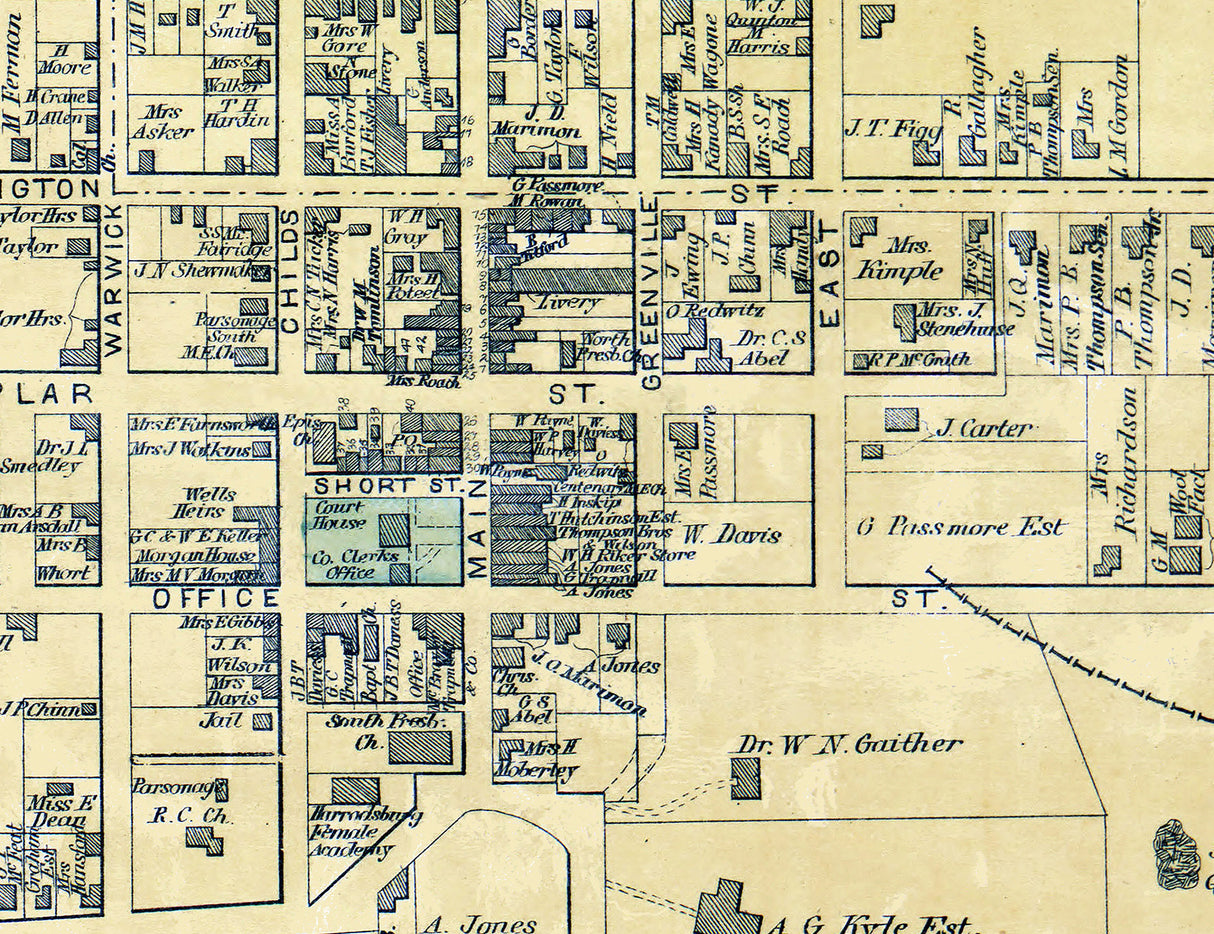 1876 Map of Harrodsburg Mercer County Kentucky