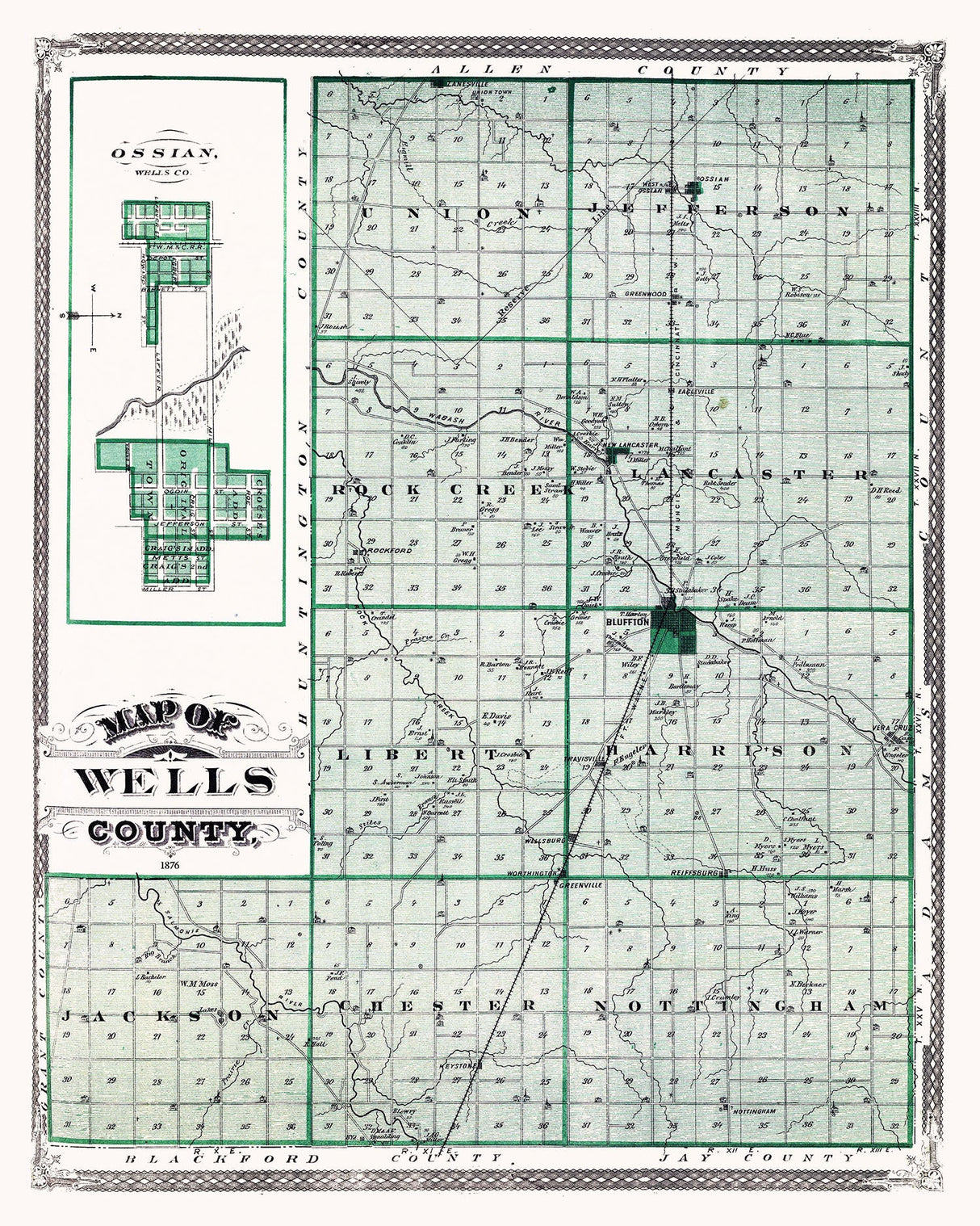 1876 Map of Wells County Indiana