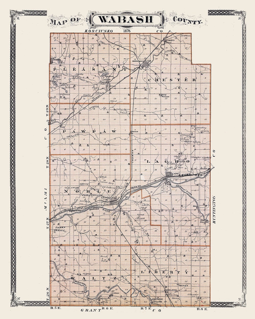 1876 Map of Wabash County Indiana