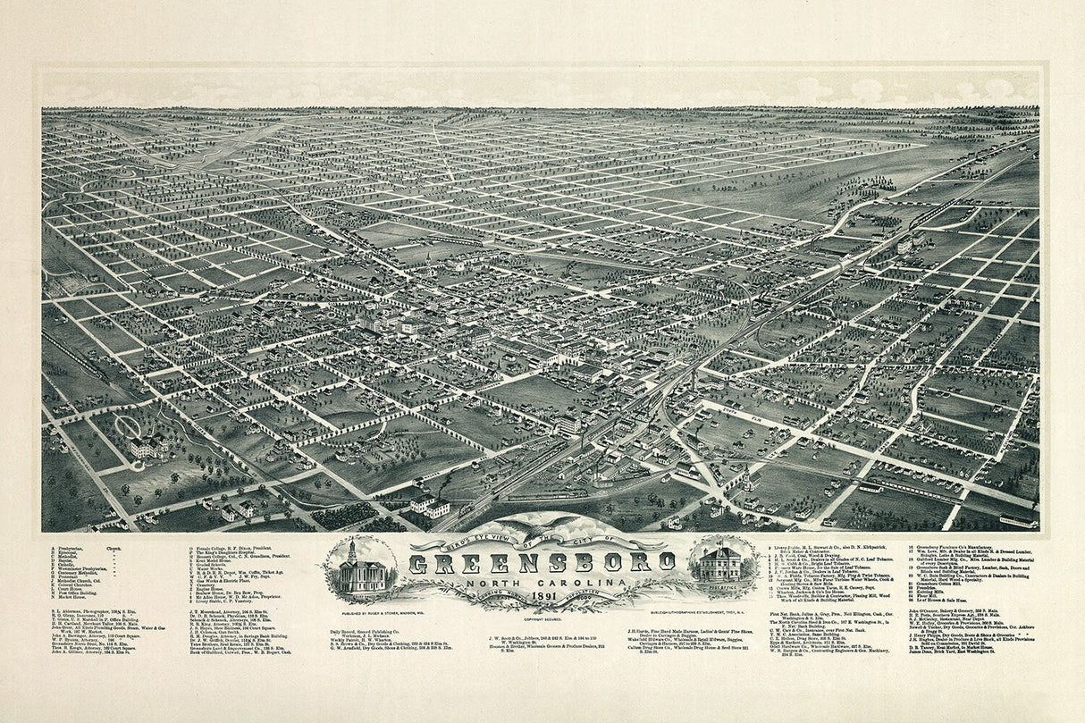 1891 Panoramic Map of Greensboro North Carolina