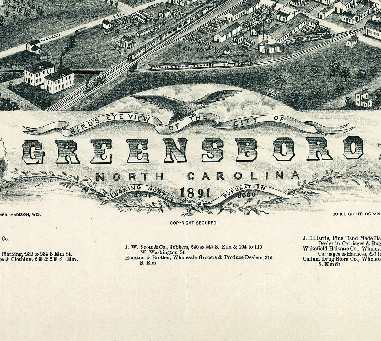 1891 Panoramic Map of Greensboro North Carolina
