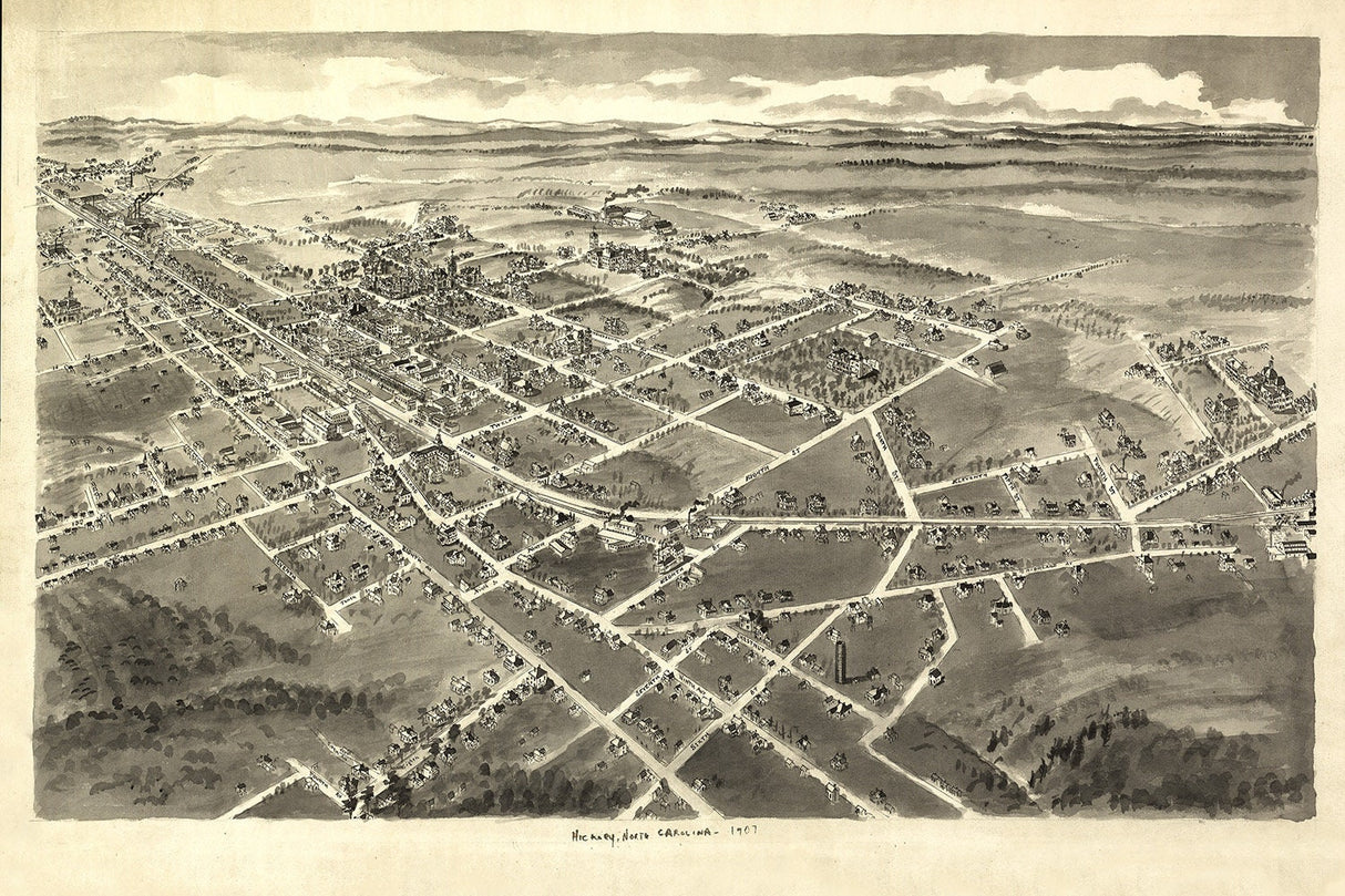 1907 Panoramic Map of Hickory North Carolina