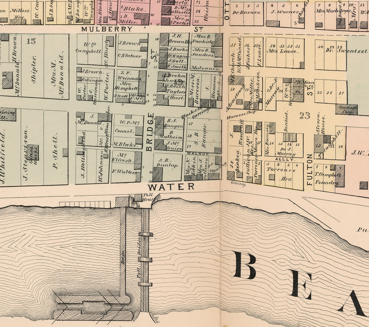 1876 Town Map of Bridgewater Beaver County Pennsylvania