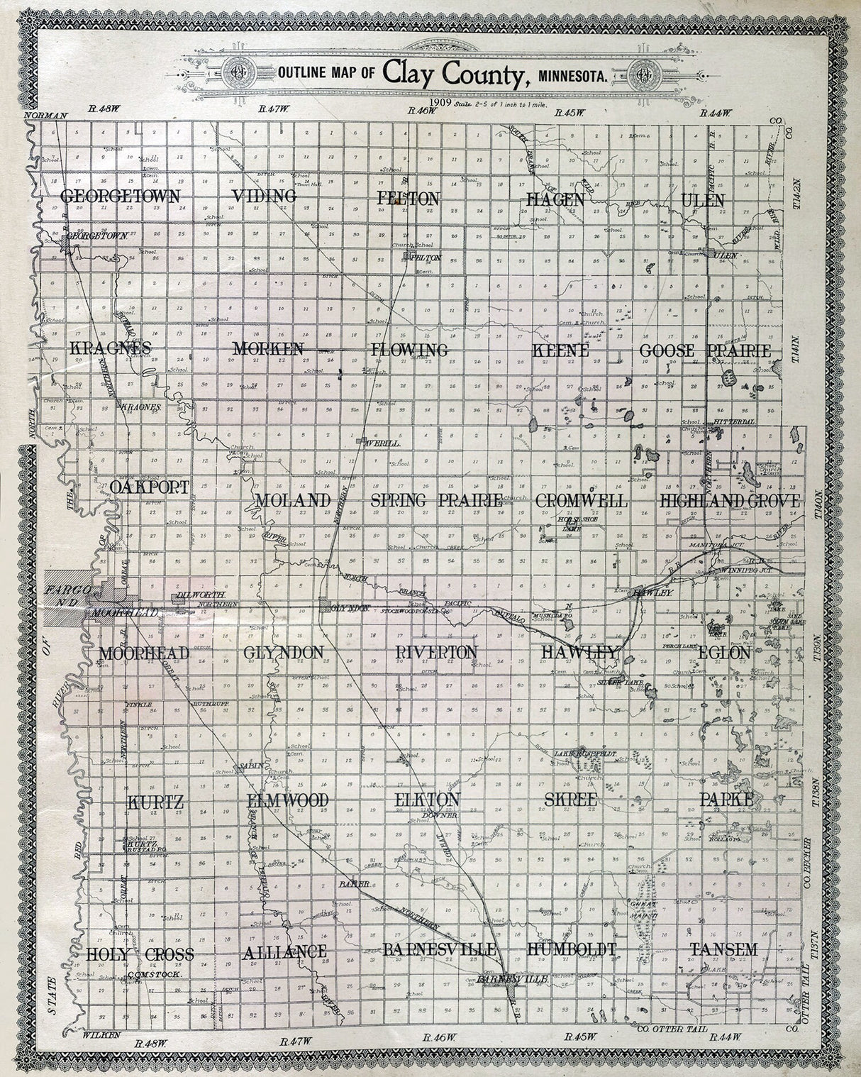 1909 Map of Clay County Minnesota