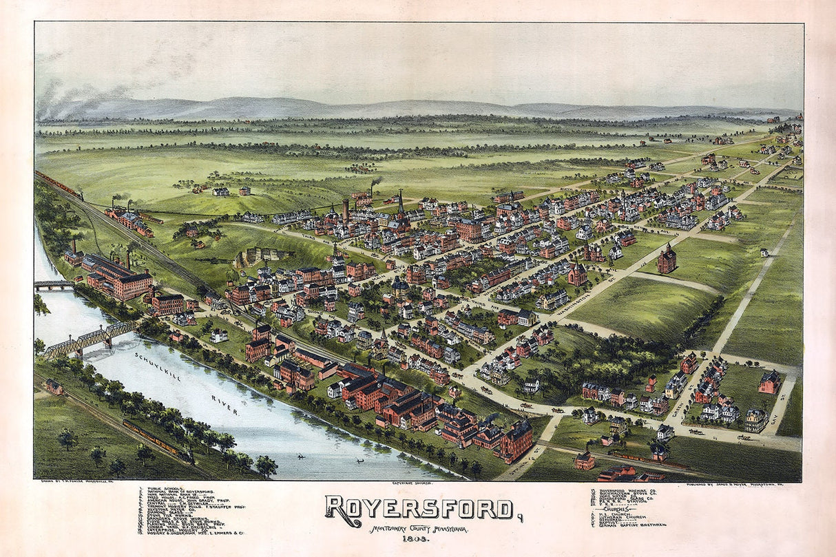 1893 Panoramic Map of Royersford Montgomery County Pennsylvania