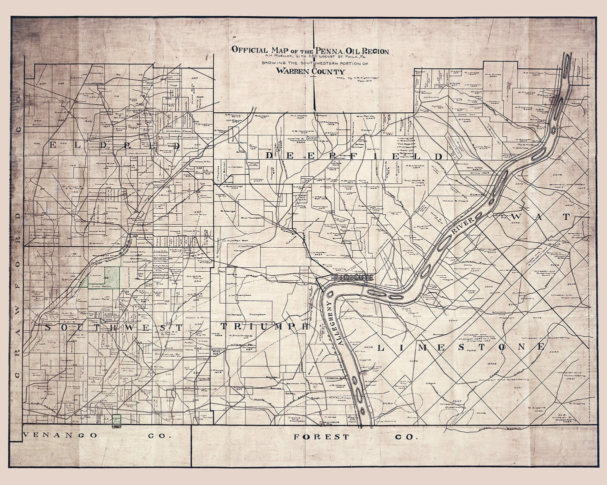 1917 Map of Warren County Pennsylvania Oil Region Southwest