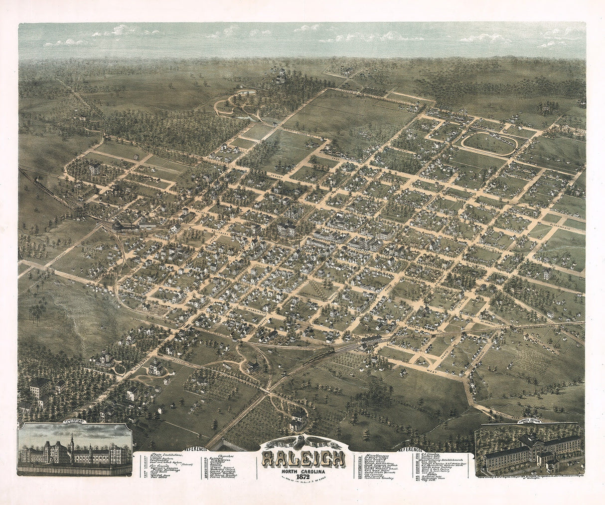 1872 Panoramic Map of Raleigh North Carolina