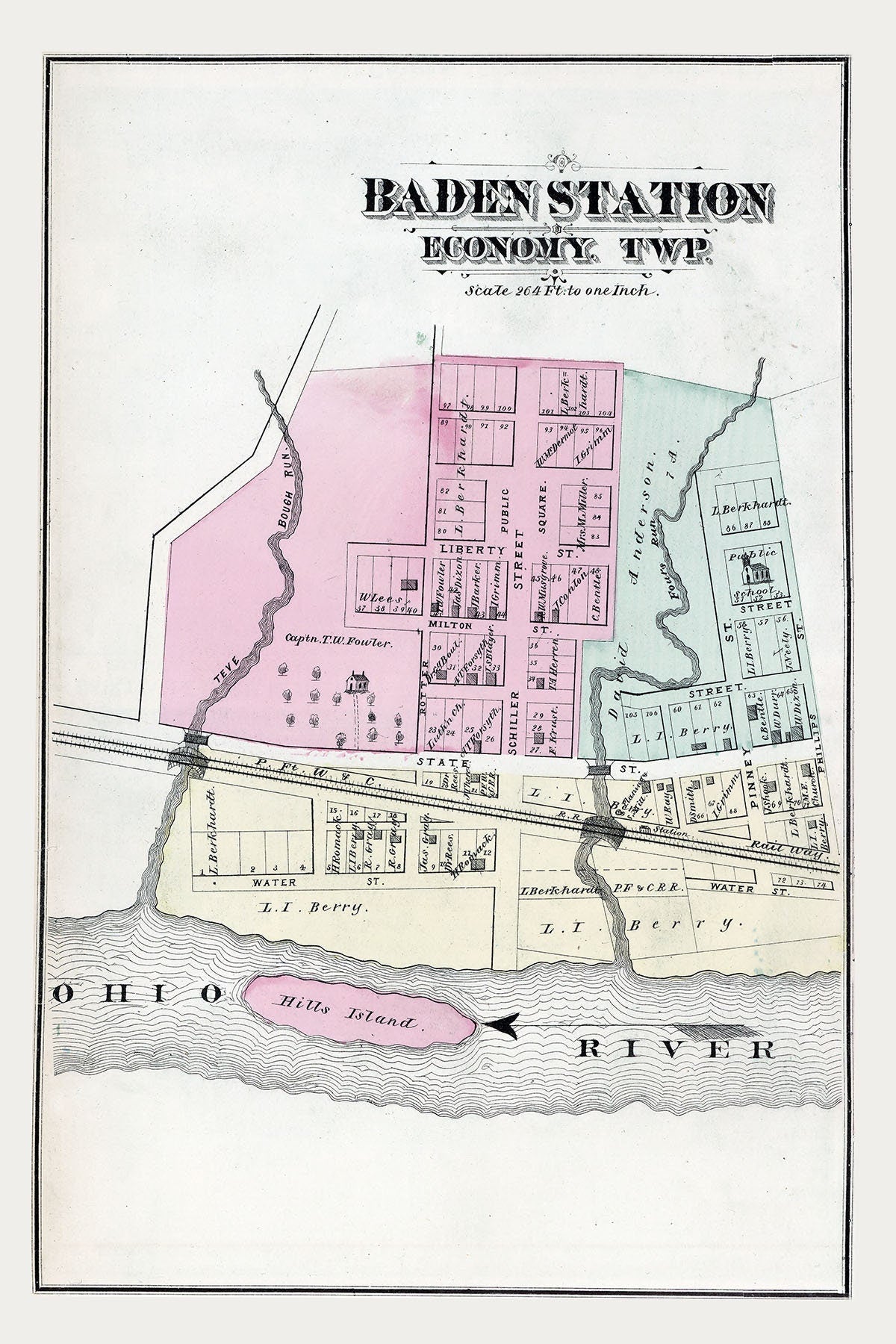 1876 Town Map of Baden Station Beaver County Pennsylvania
