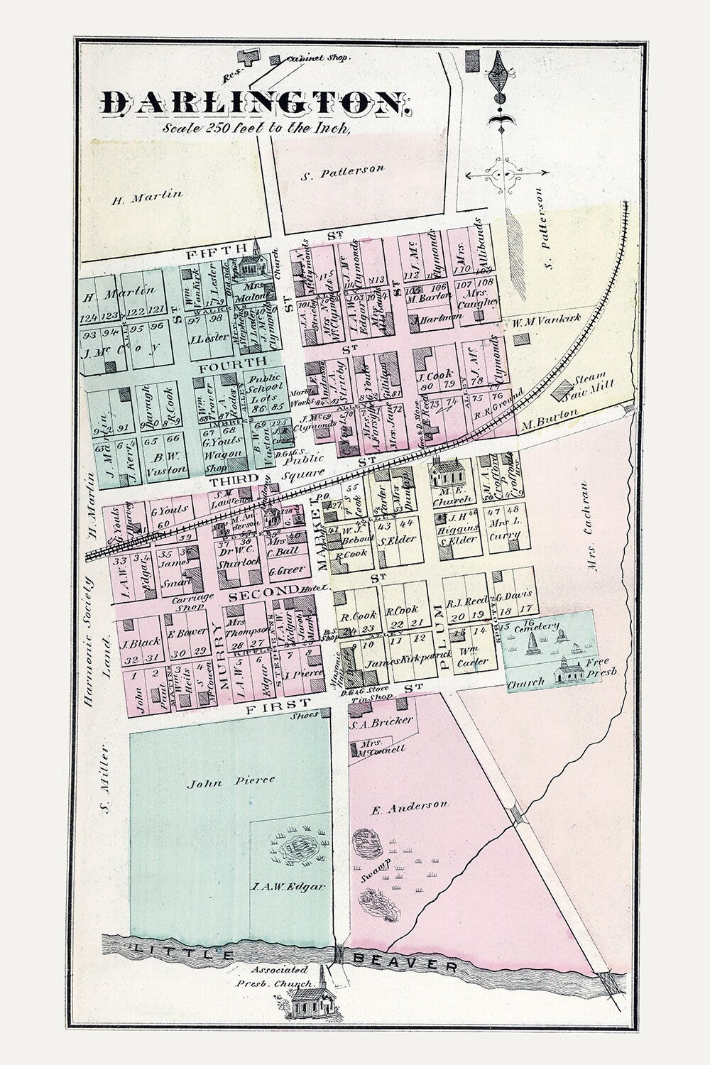 1876 Town Map of Darlington Beaver County Pennsylvania